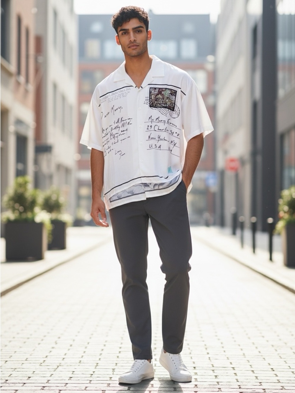 Vintage Perry Ellis Shirt Mens Large White Map postcard Letter print 90s